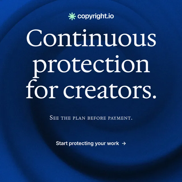 Instagram post for copyright.io: "Continuous protection for creators." Minimal luxury style, smallcaps layout, dark palette in blue.