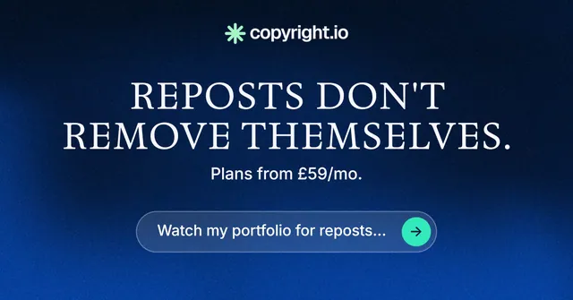 Social ad for copyright.io: "Reposts don't remove themselves." Agentic glass style, centred layout, dark palette in blue, black.