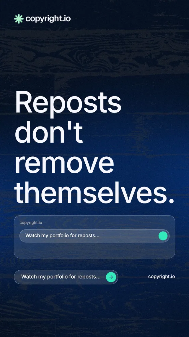 Instagram story for copyright.io: "Reposts don't remove themselves." Agentic glass style, poster layout, dark palette in black, blue, grey.
