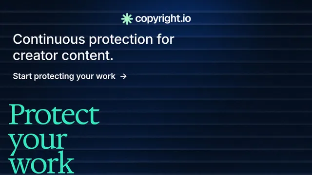 Landscape graphic for copyright.io: "Reposts don't remove themselves." Minimal luxury style, oversized layout, dark palette in black, blue, teal.