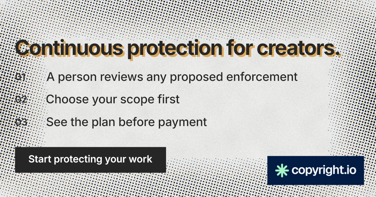 Social ad for copyright.io: "Continuous protection for creators." Swiss style, numbered layout, light palette in grey, white.