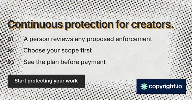 Social ad for copyright.io: "Continuous protection for creators." Swiss style, numbered layout, light palette in grey, white.