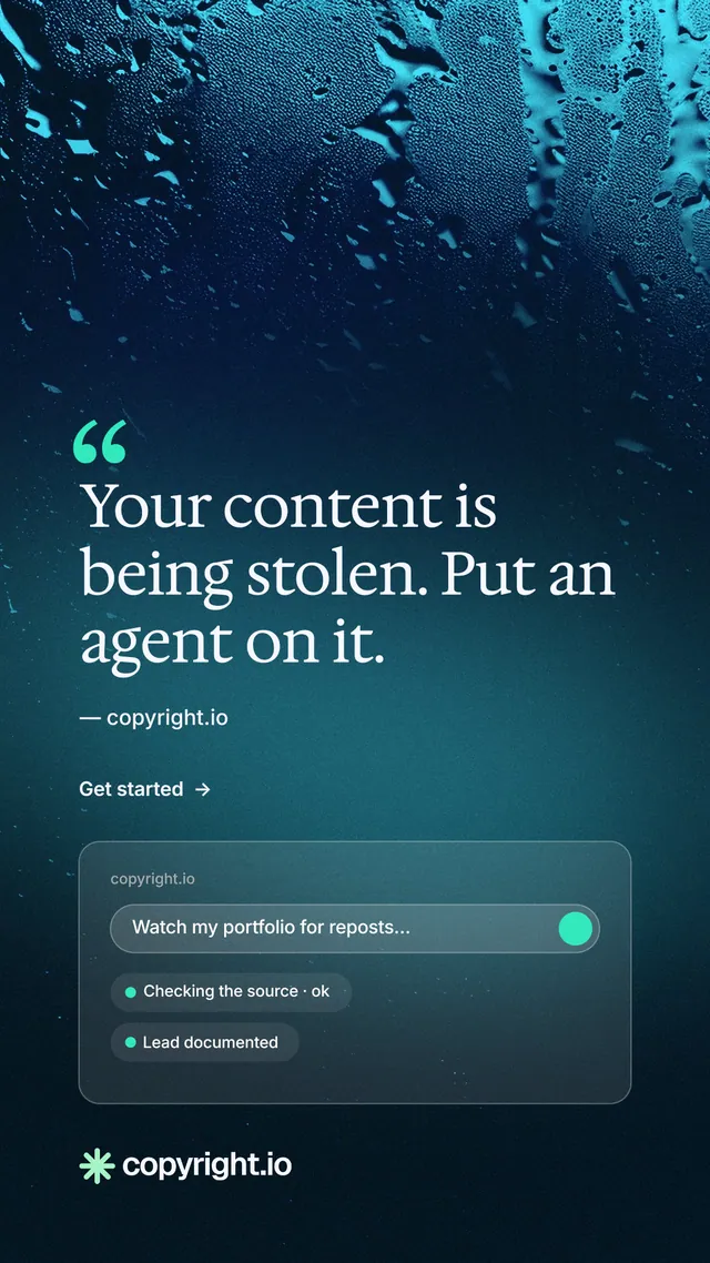 Instagram story for copyright.io: "Put an agent on it." Minimal luxury style, quote layout, dark palette in black, blue, teal.