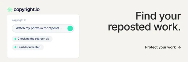 X header for copyright.io: "Find your reposted work." Minimal luxury style, right layout, light palette in white, grey.