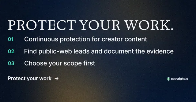 Social ad for copyright.io: "Protect your work." Minimal luxury style, numbered layout, dark palette in black, blue, grey.