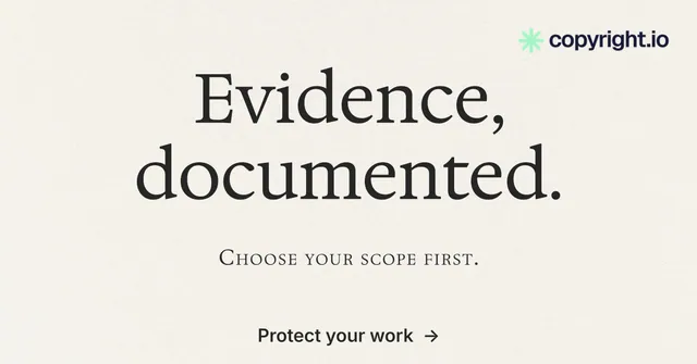 Social ad for copyright.io: "Evidence, documented." Minimal luxury style, smallcaps layout, light palette in white.