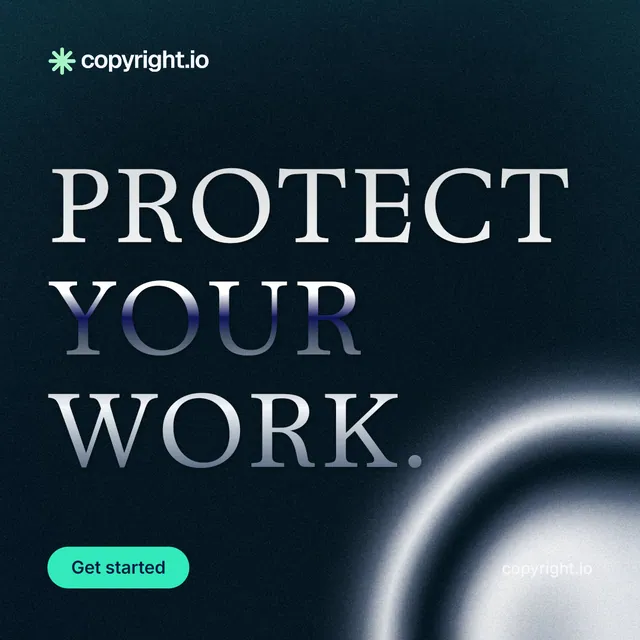 Instagram post for copyright.io: "Protect your work." Y2K style, poster layout, dark palette in black, blue, grey.
