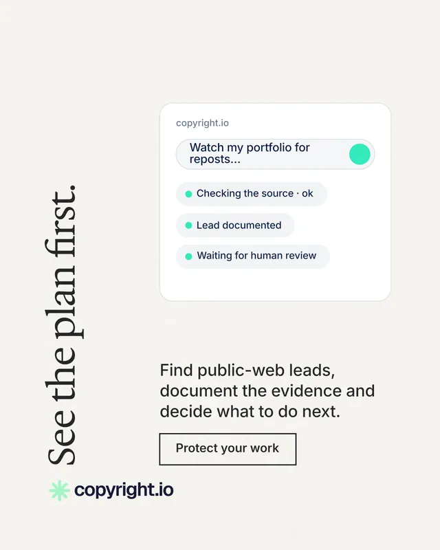 Instagram portrait post for copyright.io: "See the plan first." Editorial style, vertical layout, light palette in white.