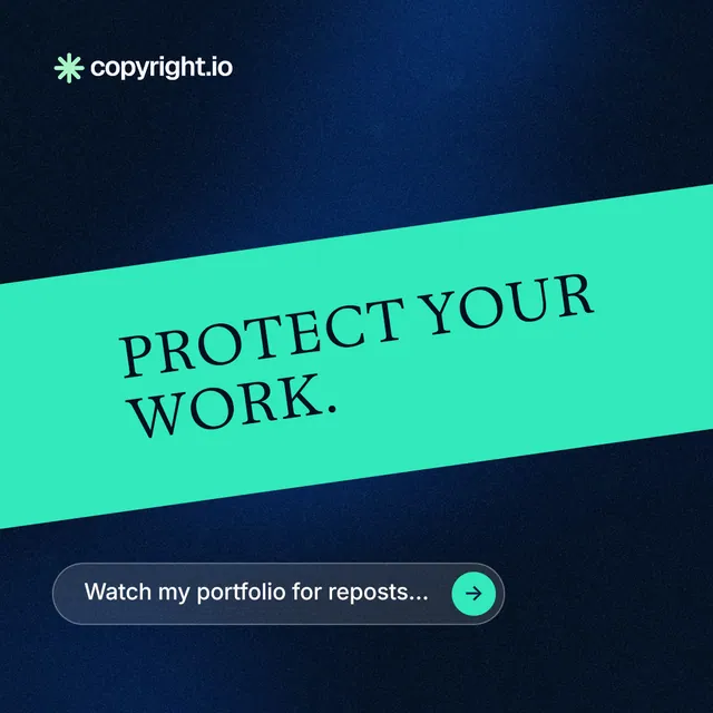 Instagram post for copyright.io: "Protect your work." Agentic glass style, diagonal layout, dark palette in blue, black, teal.