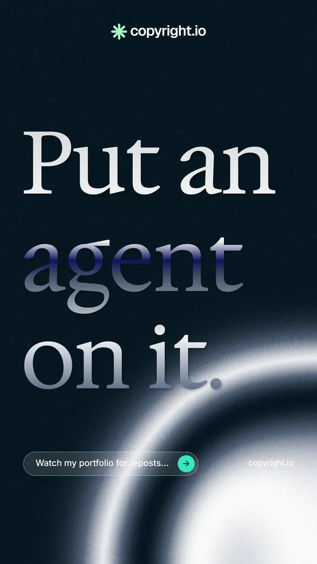Instagram story for copyright.io: "Put an agent on it." Agentic glass style, poster layout, dark palette in black, white, grey.