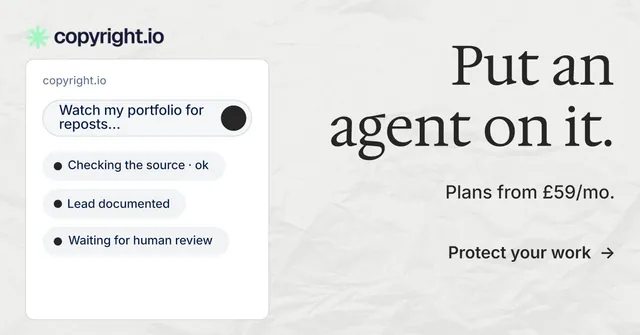 Social ad for copyright.io: "Put an agent on it." Minimal luxury style, right layout, light palette in white, grey.
