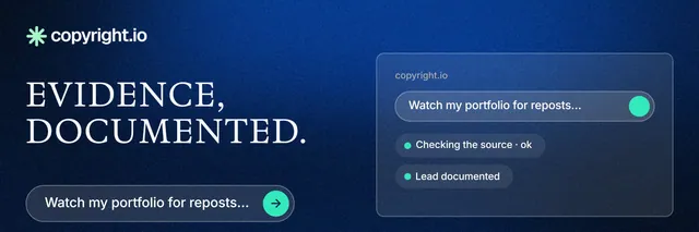X header for copyright.io: "Evidence, documented." Agentic glass style, bottom layout, dark palette in blue, black.