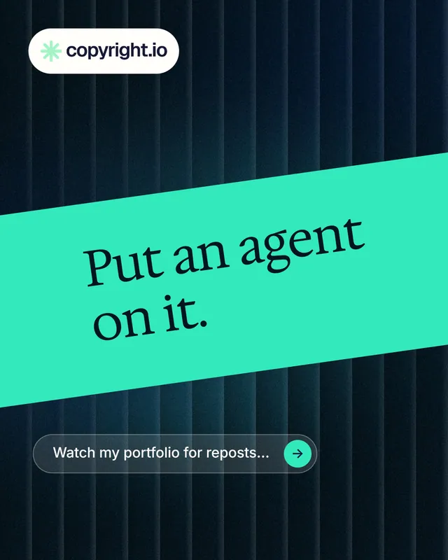 Instagram portrait post for copyright.io: "Put an agent on it." Agentic glass style, diagonal layout, dark palette in black, teal.