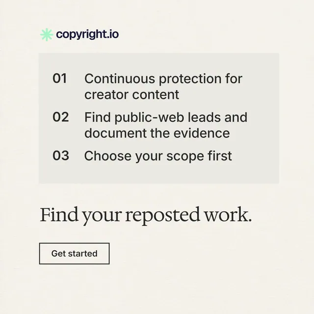 Instagram post for copyright.io: "Find your reposted work." Editorial style, skeleton layout, light palette in white, yellow, grey.
