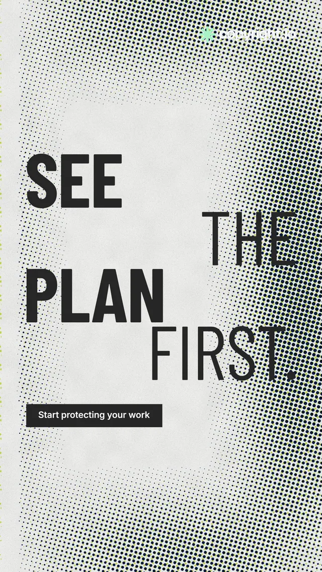 Instagram story for copyright.io: "See the plan first." Retro print style, stacked layout, light palette in white, grey.