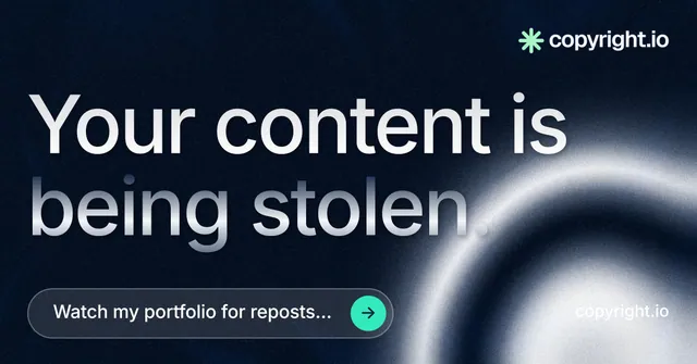 Social ad for copyright.io: "Your content is being stolen." Agentic glass style, poster layout, dark palette in black, grey, blue.