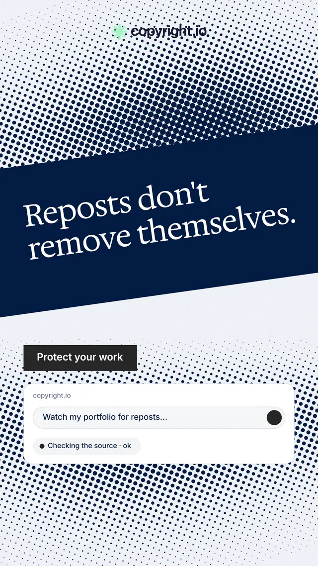 Instagram story for copyright.io: "Reposts don't remove themselves." Split block style, diagonal layout, light palette in blue, white, grey.