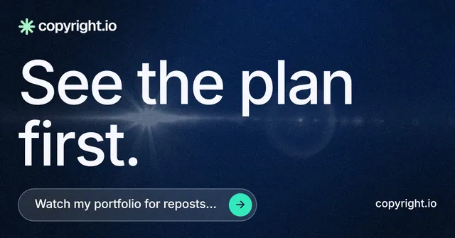 Social ad for copyright.io: "See the plan first." Agentic glass style, poster layout, dark palette in blue, black, grey.