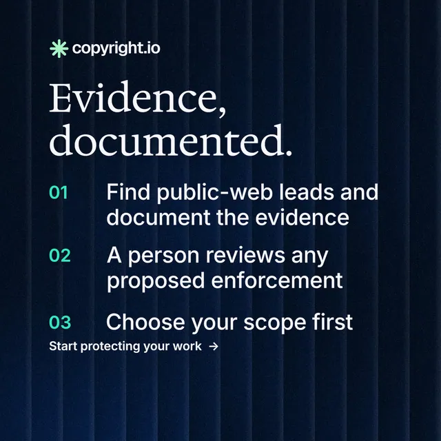 Instagram post for copyright.io: "Evidence, documented." Minimal luxury style, numbered layout, dark palette in black, grey, blue.