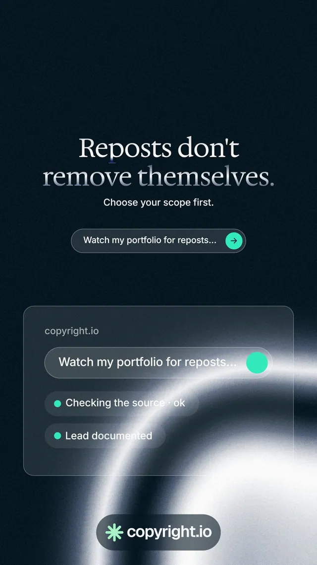 Instagram story for copyright.io: "Reposts don't remove themselves." Agentic glass style, centred layout, dark palette in black, blue, grey.