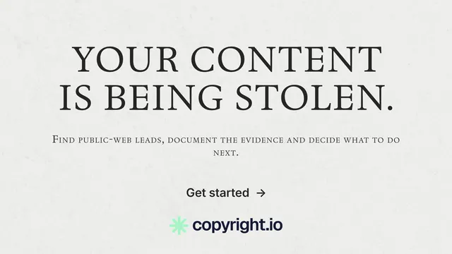 Landscape graphic for copyright.io: "Your content is being stolen." Editorial style, smallcaps layout, light palette in white, grey.