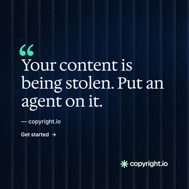 Instagram post for copyright.io: "Protect your work." Minimal luxury style, quote layout, dark palette in black, blue.