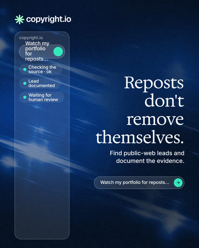 Instagram portrait post for copyright.io: "Reposts don't remove themselves." Agentic glass style, right layout, dark palette in black, blue.