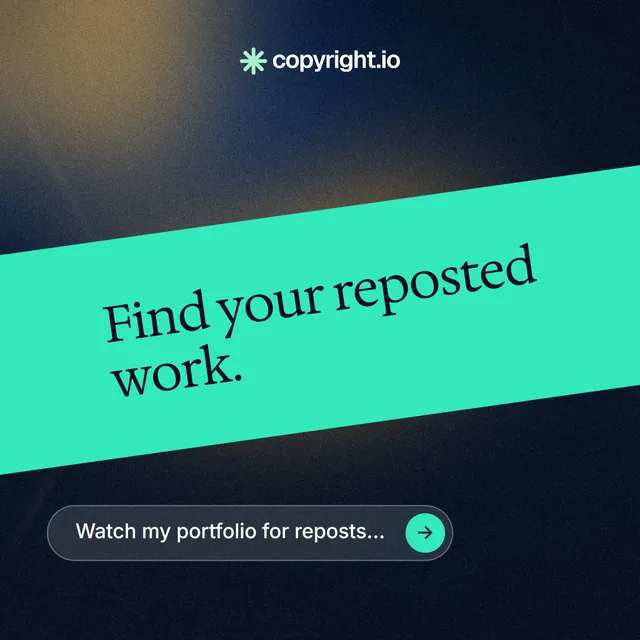 Instagram post for copyright.io: "Find your reposted work." Agentic glass style, diagonal layout, dark palette in black, teal, blue.