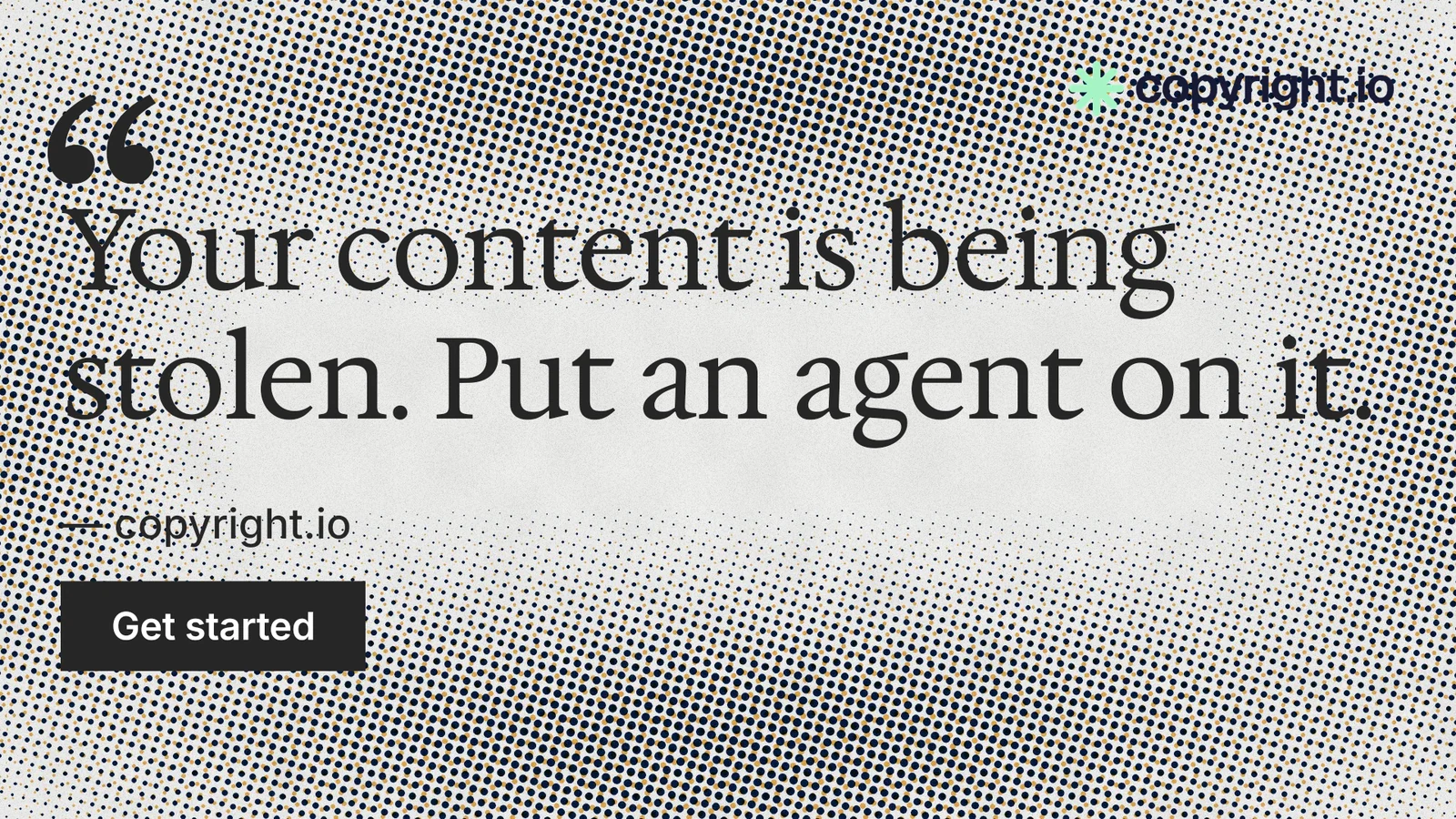 Landscape graphic for copyright.io: "Evidence, documented." Swiss style, quote layout, light palette in grey, white.
