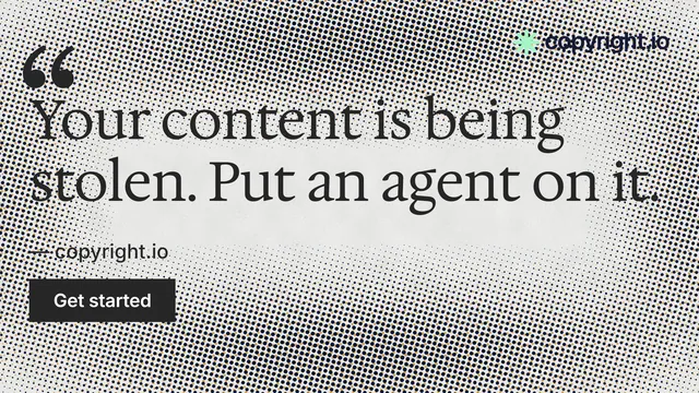 Landscape graphic for copyright.io: "Evidence, documented." Swiss style, quote layout, light palette in grey, white.