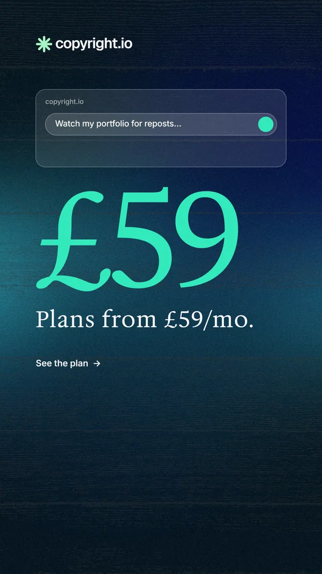 Instagram story for copyright.io: "See the plan first." Minimal luxury style, stat layout, dark palette in blue, black, teal.