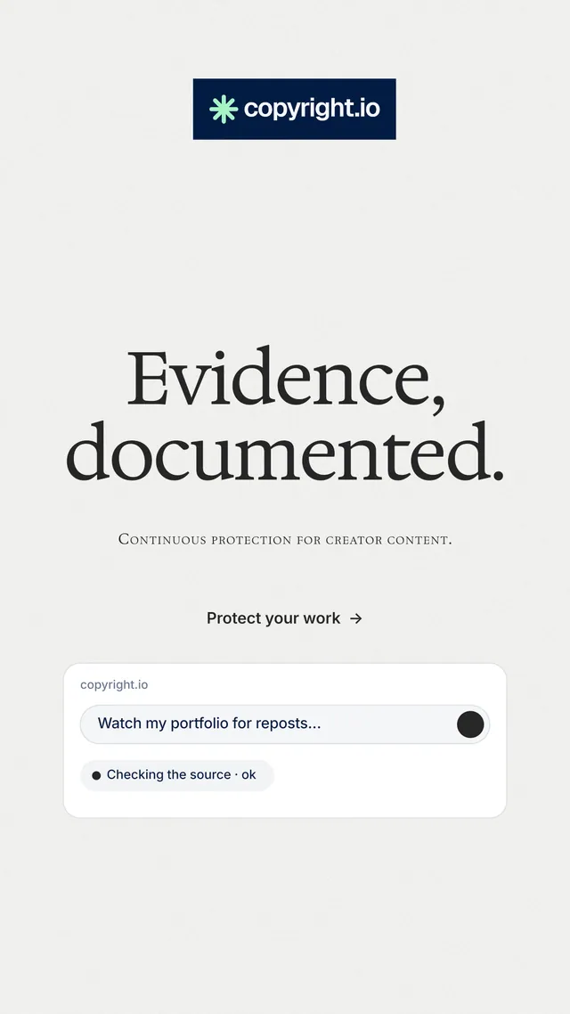 Instagram story for copyright.io: "Evidence, documented." Editorial style, smallcaps layout, light palette in white.