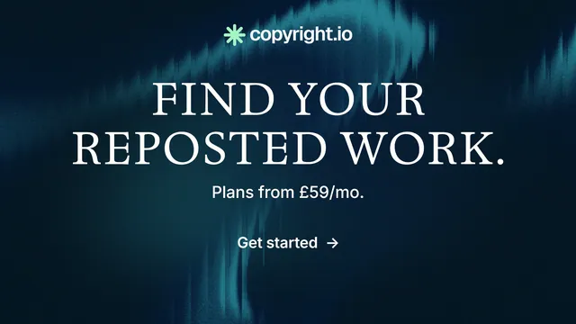 Landscape graphic for copyright.io: "Find your reposted work." Minimal luxury style, centred layout, dark palette in blue, black.