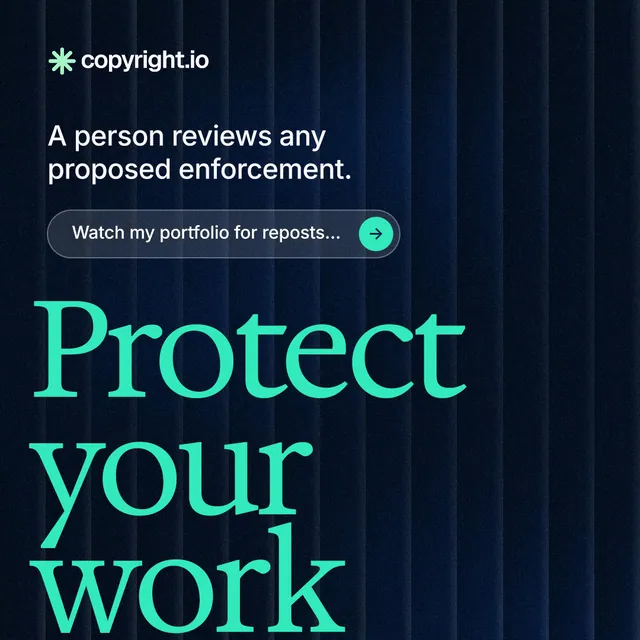 Instagram post for copyright.io: "Your content is being stolen." Agentic glass style, oversized layout, dark palette in black, teal, blue.