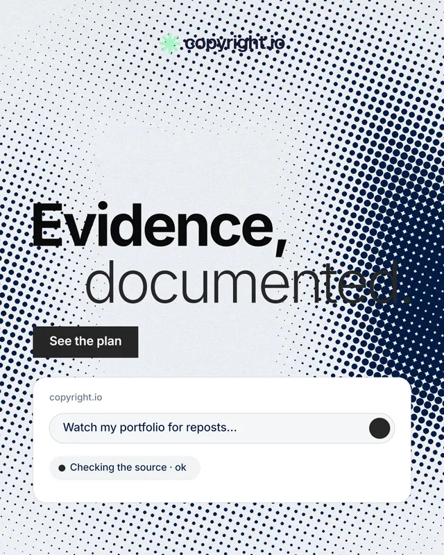 Instagram portrait post for copyright.io: "Evidence, documented." Swiss style, stacked layout, light palette in white, blue, grey.