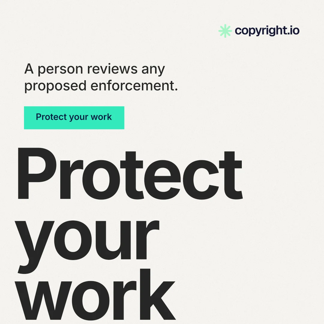 Instagram post for copyright.io: "Your content is being stolen." Swiss style, oversized layout, light palette in white, grey, green.
