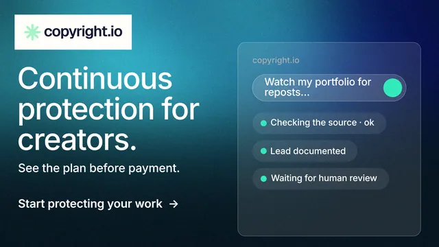 Landscape graphic for copyright.io: "Continuous protection for creators." Minimal luxury style, bottom layout, dark palette in blue, black, teal.