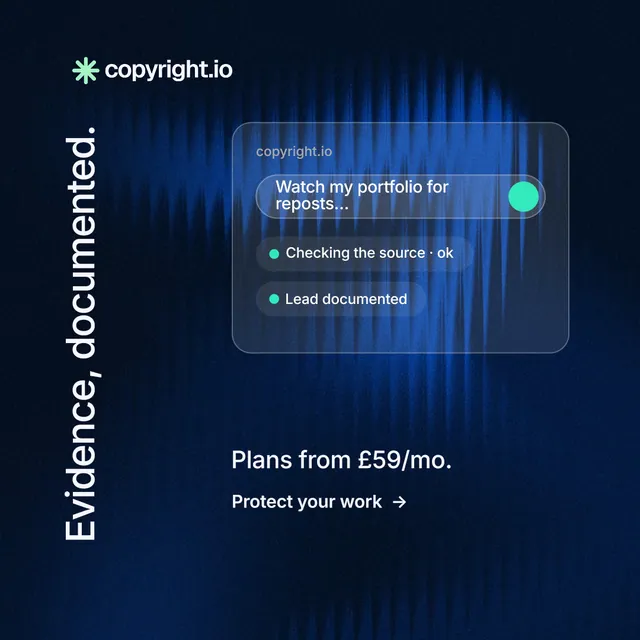 Instagram post for copyright.io: "Evidence, documented." Minimal luxury style, vertical layout, dark palette in blue, black.