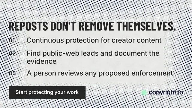 Landscape graphic for copyright.io: "Reposts don't remove themselves." Retro print style, numbered layout, light palette in grey, white.