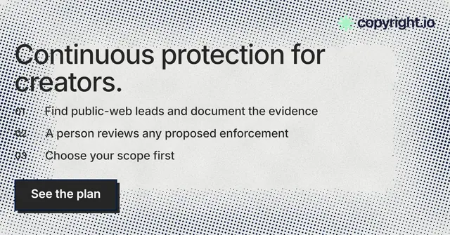 Social ad for copyright.io: "Continuous protection for creators." Brutalist style, numbered layout, light palette in grey, white.