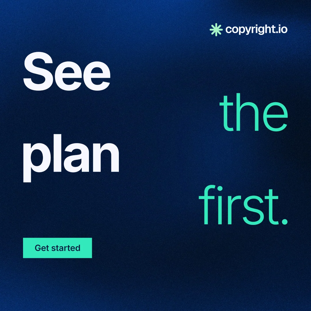 Instagram post for copyright.io: "See the plan first." Swiss style, stacked layout, dark palette in blue, black.
