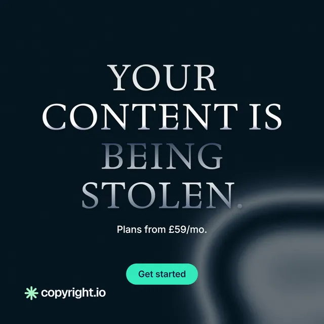 Instagram post for copyright.io: "Your content is being stolen." Y2K style, centred layout, dark palette in black, grey, blue.