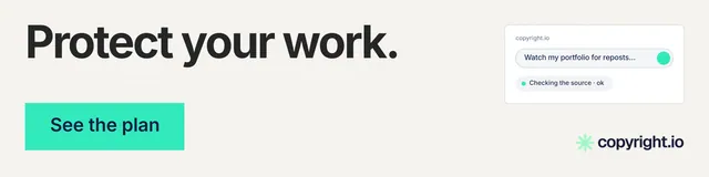 LinkedIn banner for copyright.io: "Protect your work." Swiss style, skeleton layout, light palette in white, teal.