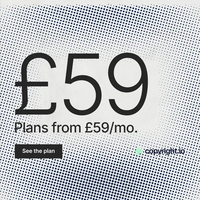 Instagram post for copyright.io: "See the plan first." Swiss style, stat layout, light palette in grey, white.