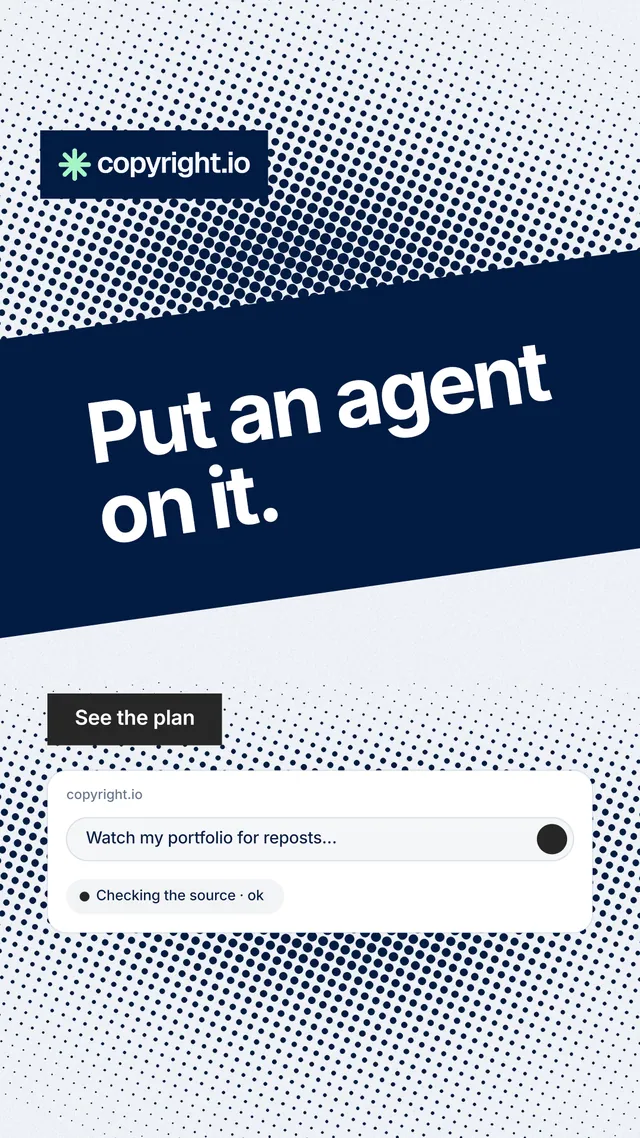 Instagram story for copyright.io: "Put an agent on it." Swiss style, diagonal layout, light palette in blue, white, grey.