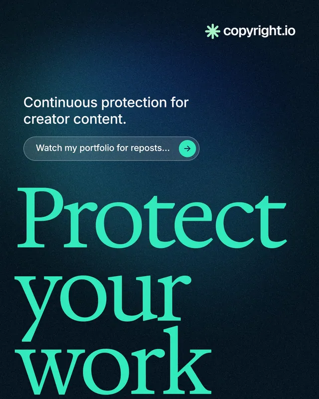 Instagram portrait post for copyright.io: "Find your reposted work." Agentic glass style, oversized layout, dark palette in blue, black, teal.