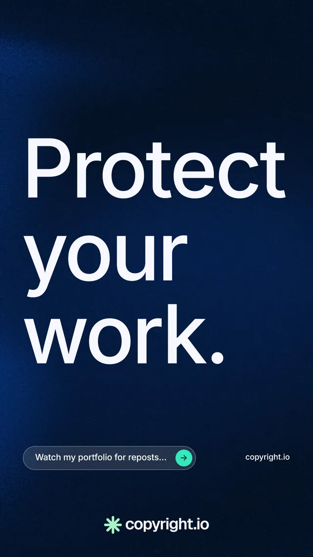 Instagram story for copyright.io: "Protect your work." Agentic glass style, poster layout, dark palette in black, blue, grey.