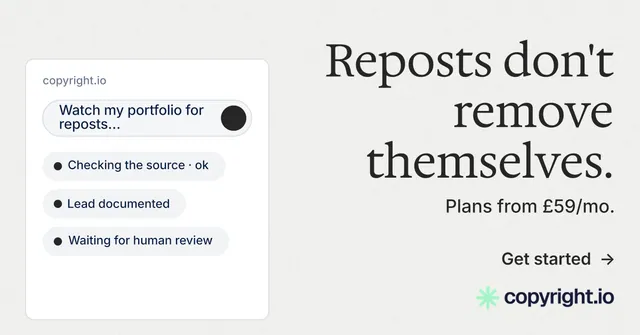 Social ad for copyright.io: "Reposts don't remove themselves." Minimal luxury style, right layout, light palette in white, grey.