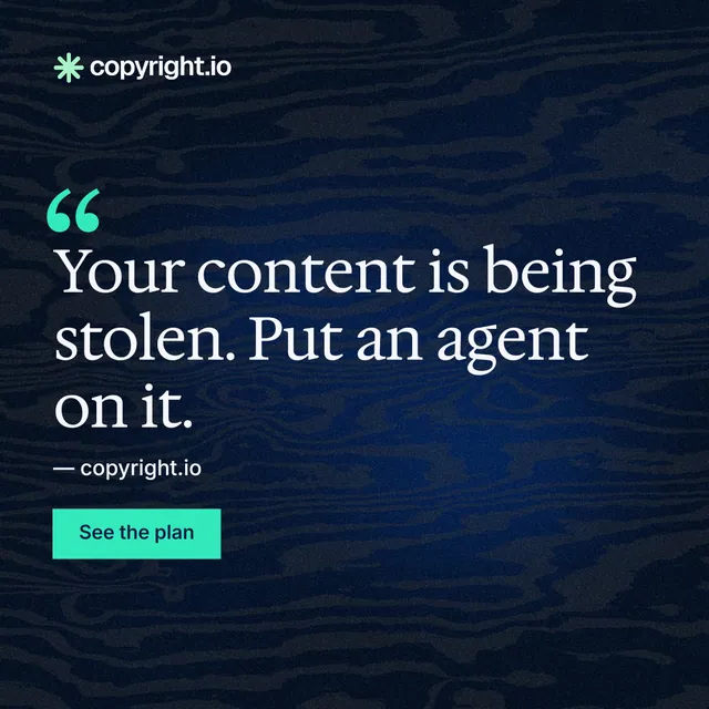 Instagram post for copyright.io: "See the plan first." Swiss style, quote layout, dark palette in black, blue.