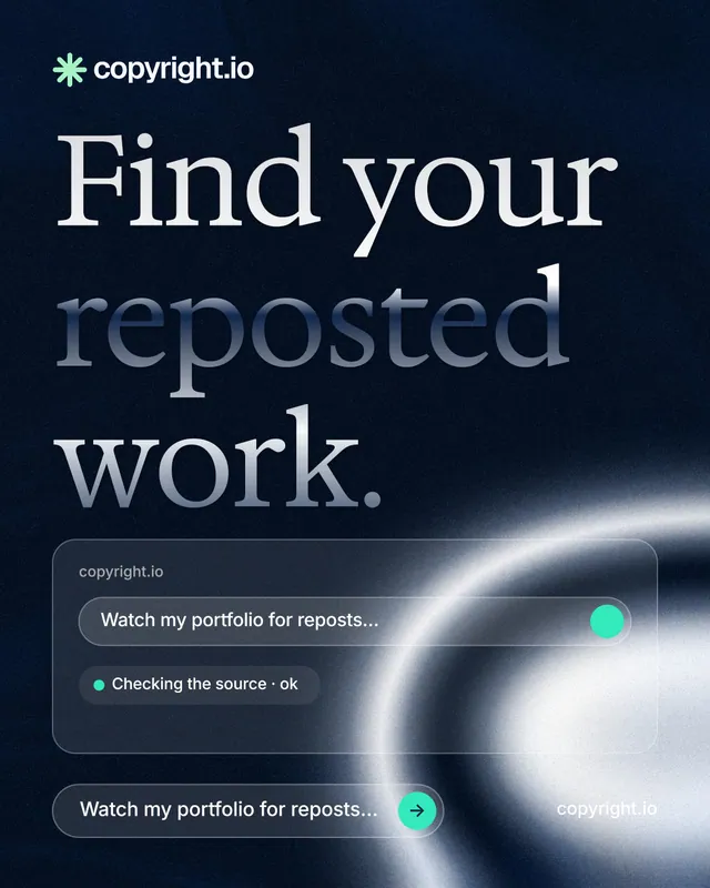 Instagram portrait post for copyright.io: "Find your reposted work." Agentic glass style, poster layout, dark palette in blue, black, grey.